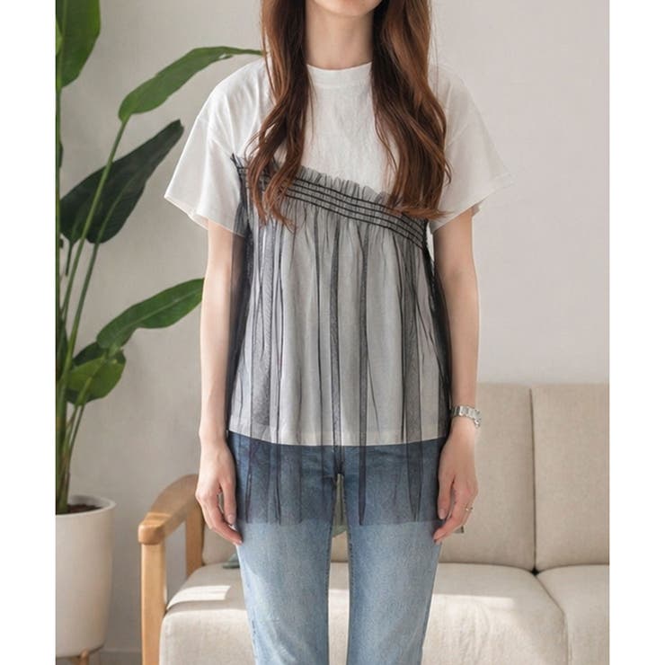 チュールドッキングデザインTシャツ レディース 半袖 | Dewlily | 詳細画像10 