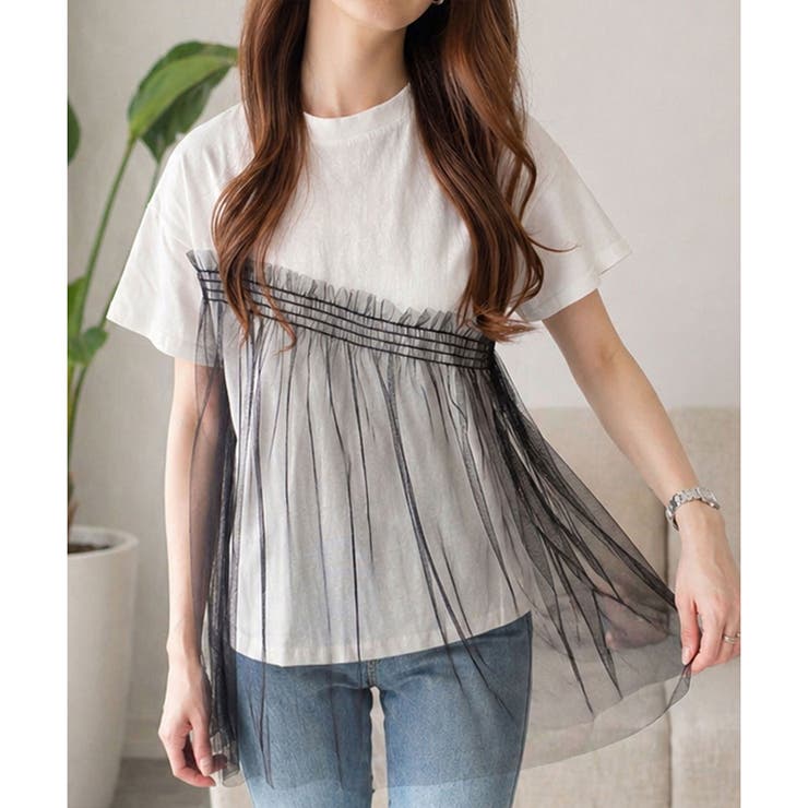ホワイト×ブラック | チュールドッキングデザインTシャツ レディース 半袖 | Dewlily