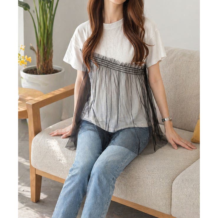 チュールドッキングデザインTシャツ レディース 半袖 | Dewlily | 詳細画像8 