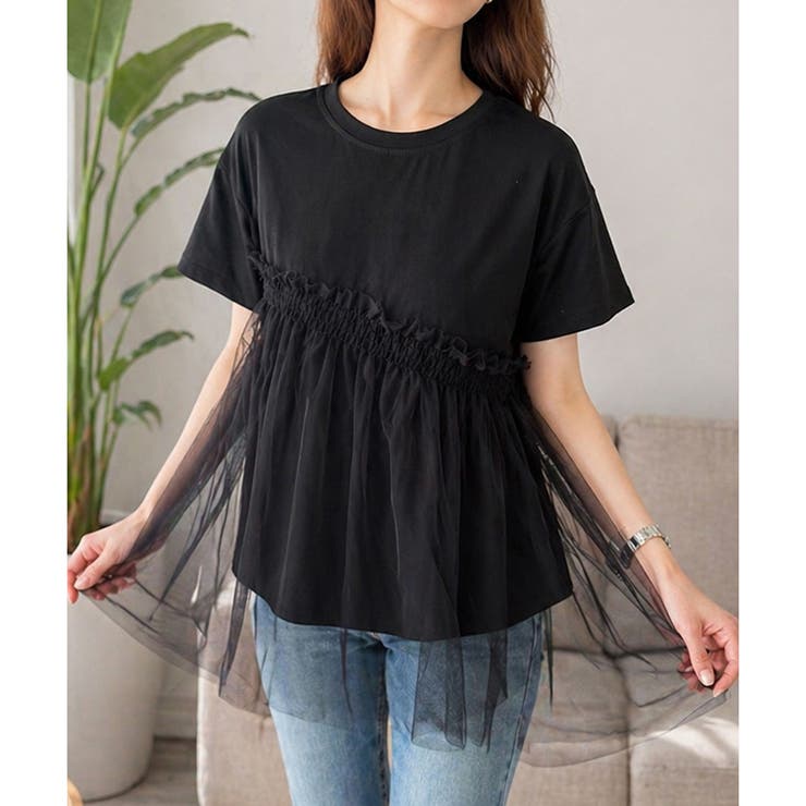 ブラック | チュールドッキングデザインTシャツ レディース 半袖 | Dewlily