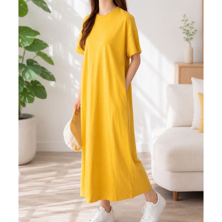 イエロー | ゆるTシャツロングワンピース レディース カジュアル | Dewlily