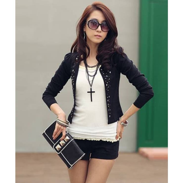 ブラック | スタッツジャケット レディース 秋冬春 ショート丈 セレブ | Amulet