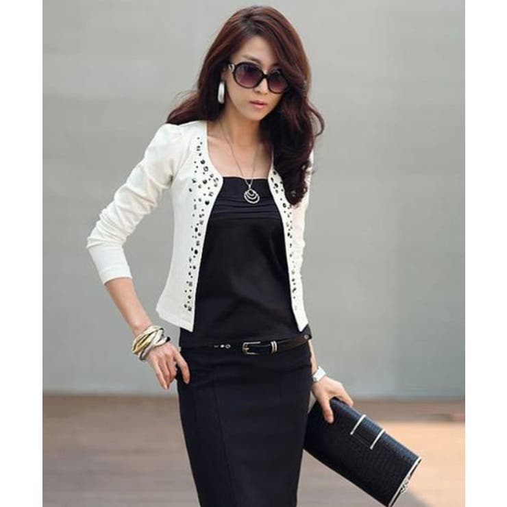 ホワイト | スタッツジャケット レディース 秋冬春 ショート丈 セレブ | Amulet