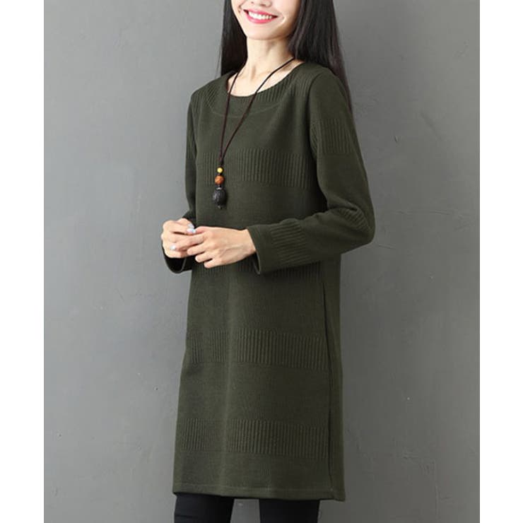 グリーン | クルーネックチュニックレディースファッション春夏かわいい大人長袖上品ニット30代… | Amulet