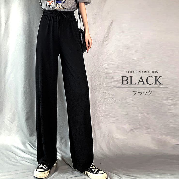 ブラック | プリーツリラックスワイドパンツ ウエスト ゴム | Amulet