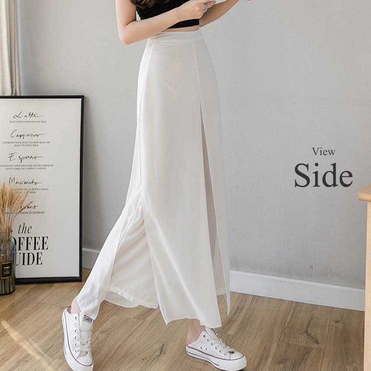 シースルーワイドパンツ 脚長効果 綺麗 シンプル ゆったり スリット  大人 | Amulet | 詳細画像10 