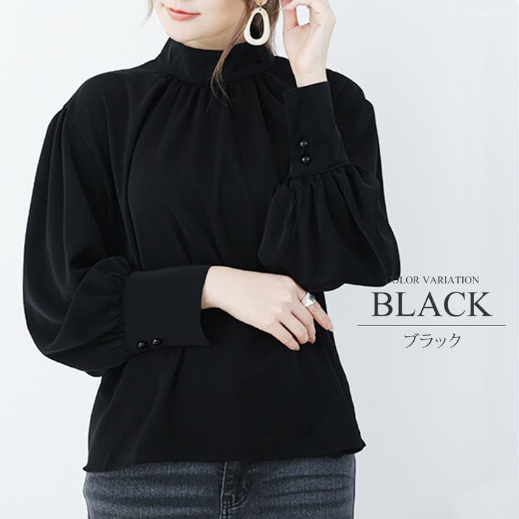 ブラック | ギャザーシフォンブラウス オフィス シンプル 春 夏 秋 レディース | Amulet
