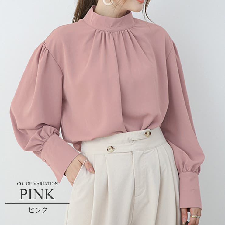ピンク | ギャザーシフォンブラウス オフィス シンプル 春 夏 秋 レディース | Amulet