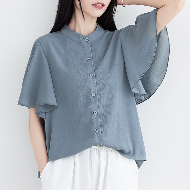 ブルー | ラッフルスリーブブラウス フリル袖 シフォンブラウス | Amulet