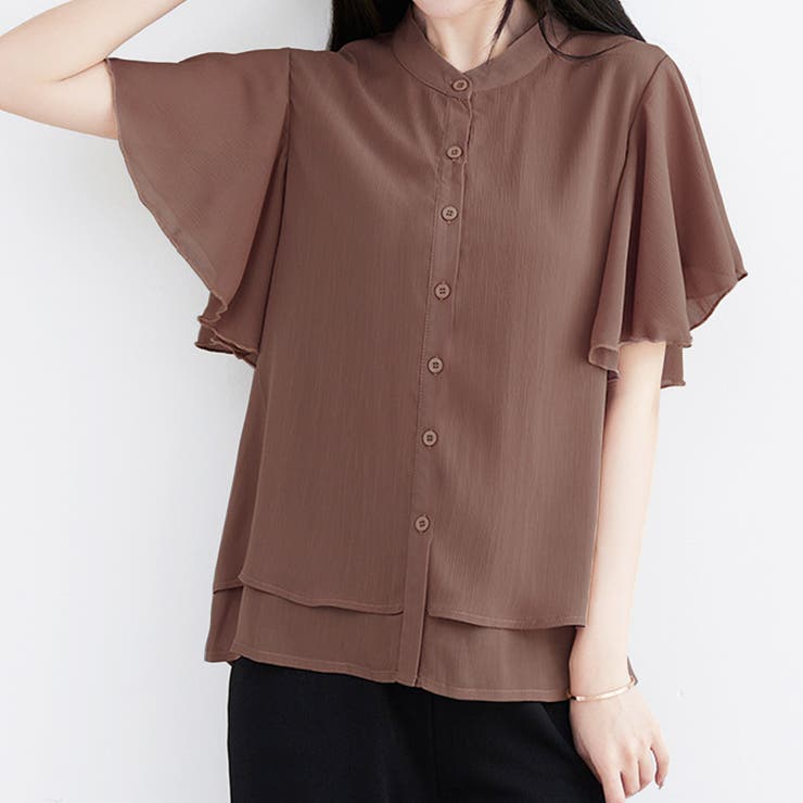 ブラウン | ラッフルスリーブブラウス フリル袖 シフォンブラウス | Amulet