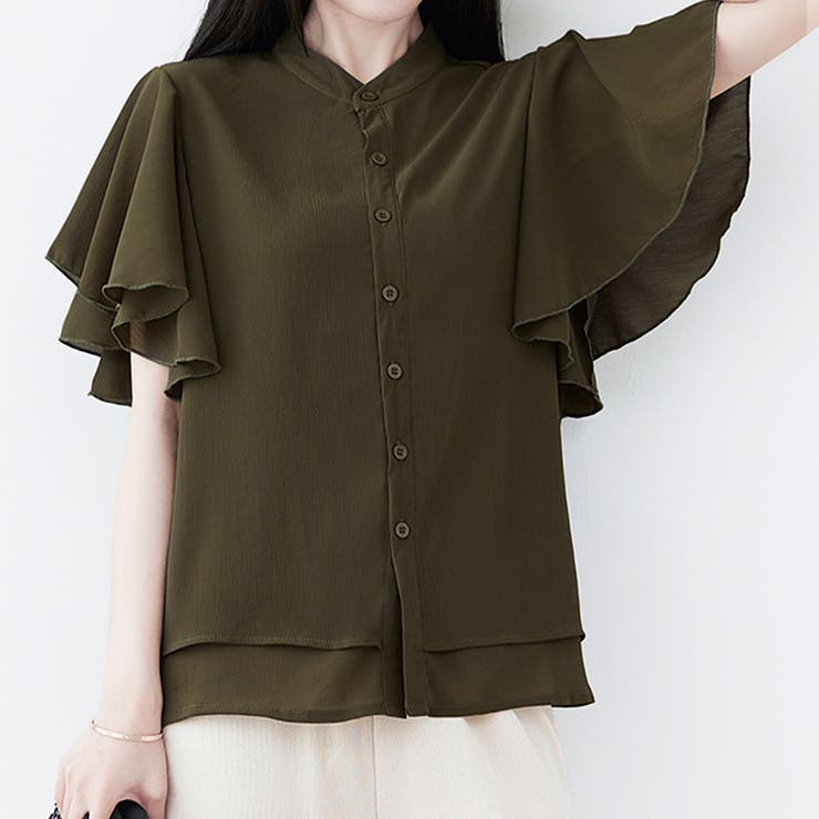 カーキ | ラッフルスリーブブラウス フリル袖 シフォンブラウス | Amulet