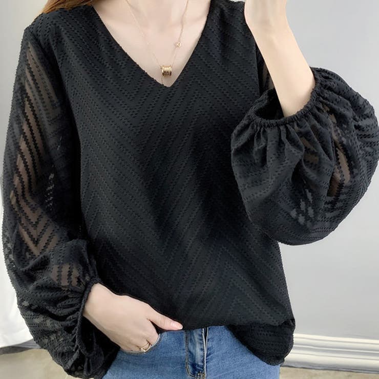 ブラック | 袖ふわっとトップス ブラウス 長袖 | Amulet