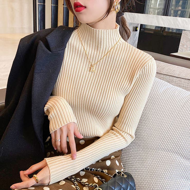 クリーム | ハイネックリブニット 長袖 レディース | Amulet