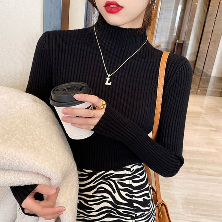 ブラック | ハイネックリブニット 長袖 レディース | Amulet