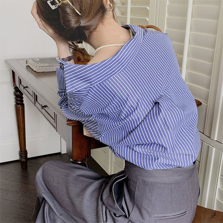 アシンメトリーストライプブラウス 長袖 レディース | Amulet | 詳細画像9 