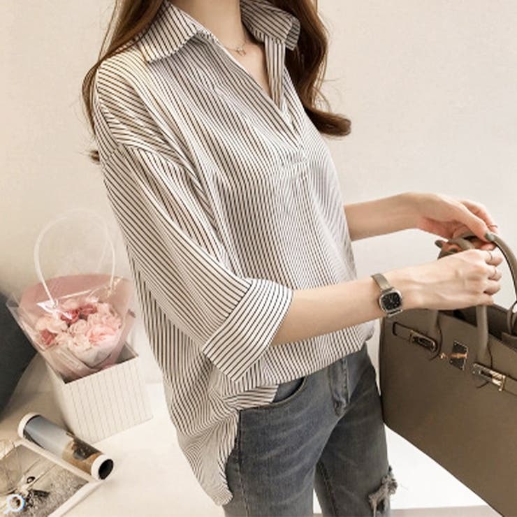 5分袖ストライプシャツ レディースシャツ可愛い トップス | Amulet | 詳細画像10 