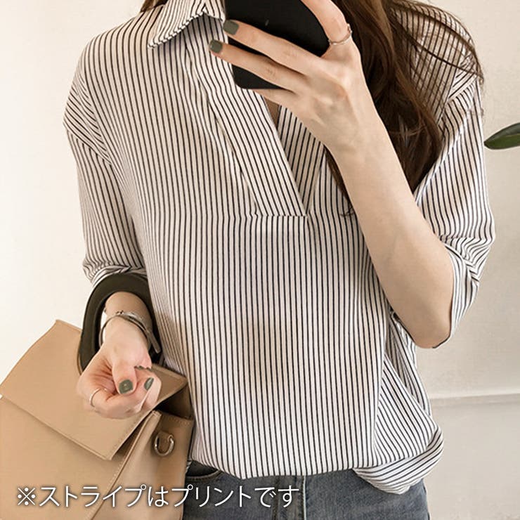 5分袖ストライプシャツ レディースシャツ可愛い トップス[品番