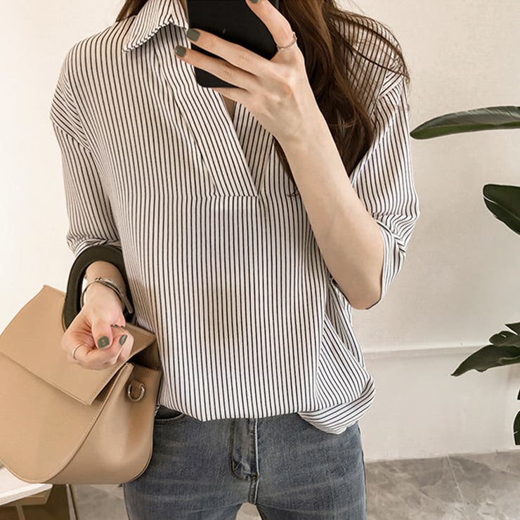 5分袖ストライプシャツ レディースシャツ可愛い トップス | Amulet | 詳細画像2 