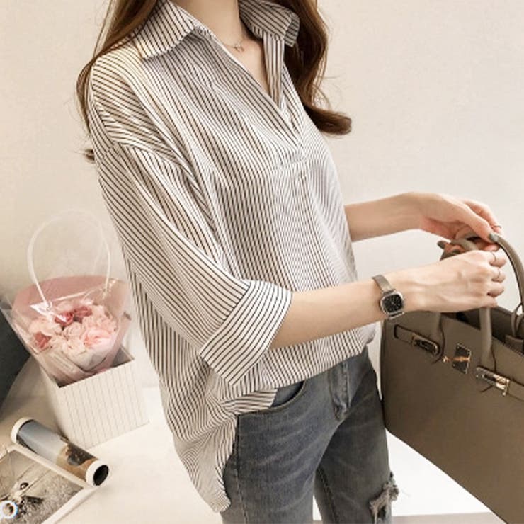 5分袖ストライプシャツ レディースシャツ可愛い トップス | Amulet | 詳細画像4 