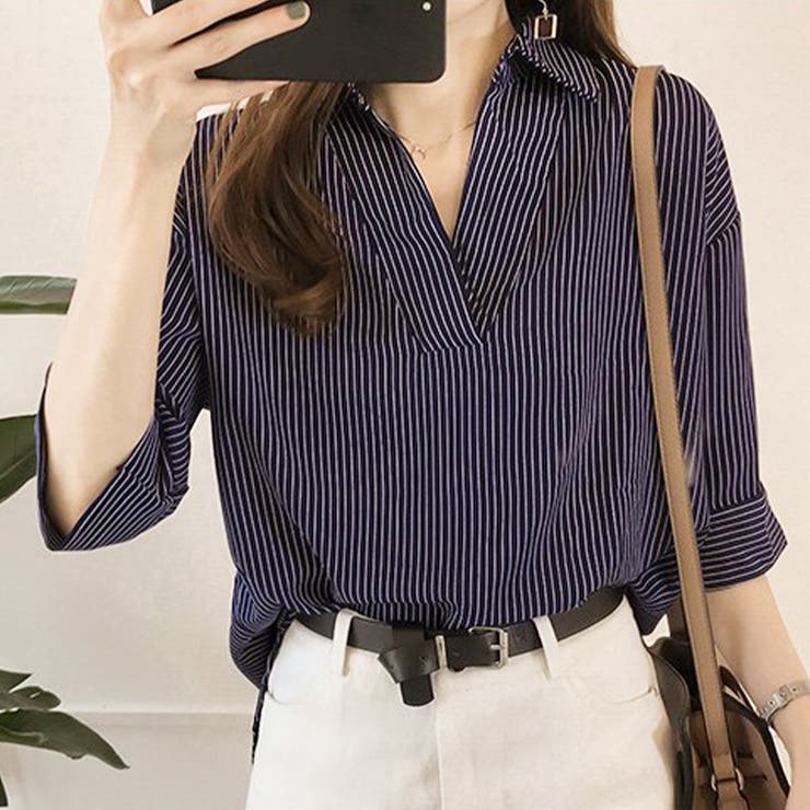 5分袖ストライプシャツ レディースシャツ可愛い トップス | Amulet | 詳細画像6 