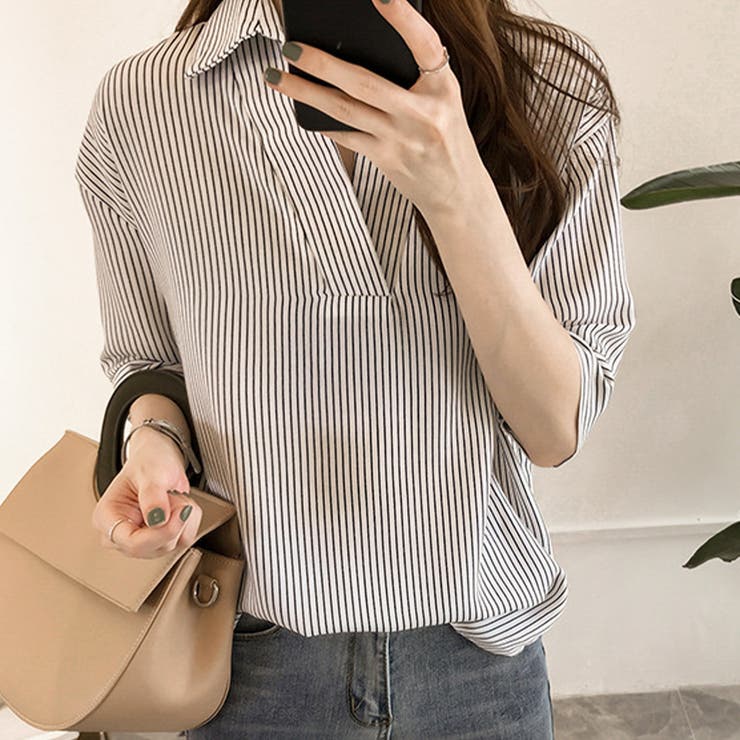 ホワイト | 5分袖ストライプシャツ レディースシャツ可愛い トップス | Amulet