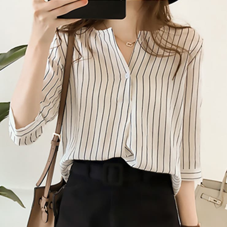 七分丈ストライプシャツ トップス シャツ | Amulet | 詳細画像7 