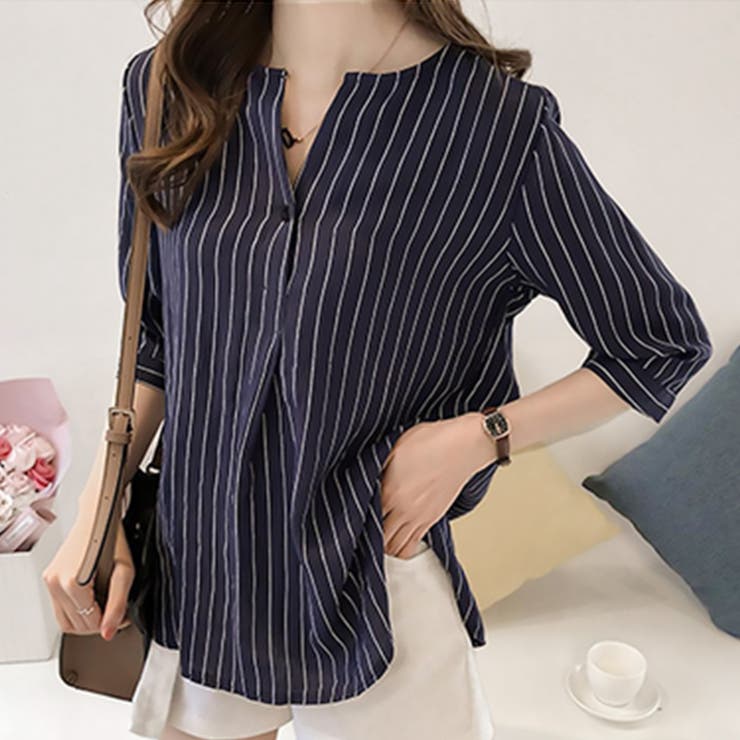 ネイビー | 七分丈ストライプシャツ トップス シャツ | Amulet