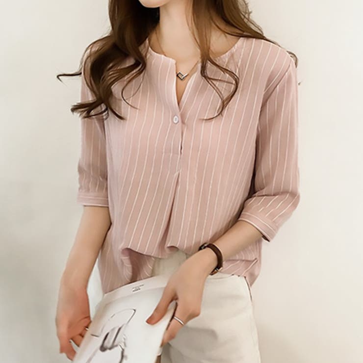 ピンク | 七分丈ストライプシャツ トップス シャツ | Amulet