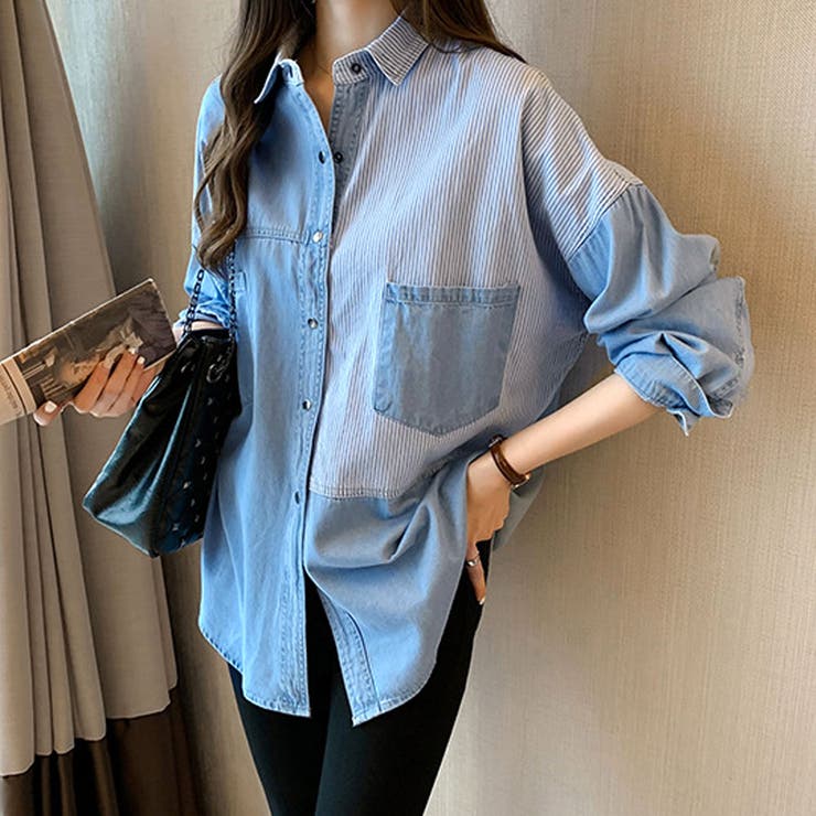 ライトブルー | デニム風パッチワークブラウス レディース シャツ | Amulet