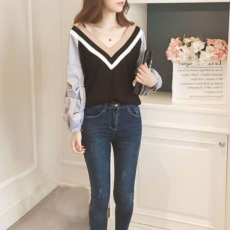 Vネックドッキングブラウス レディース 長袖 | Amulet | 詳細画像4 