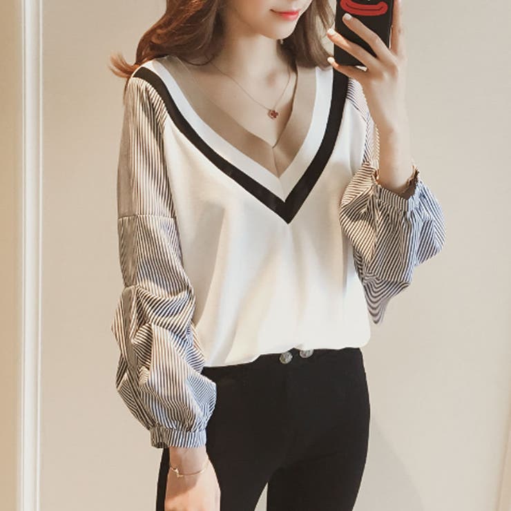 Vネックドッキングブラウス レディース 長袖 | Amulet | 詳細画像8 