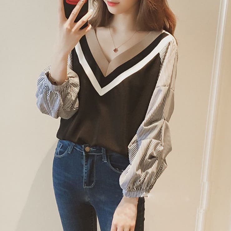 ブラック | Vネックドッキングブラウス レディース 長袖 | Amulet