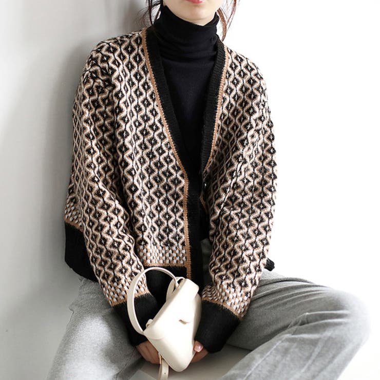 ブラック | ダイヤ柄ニットカーディガン レディース 長袖 | Amulet