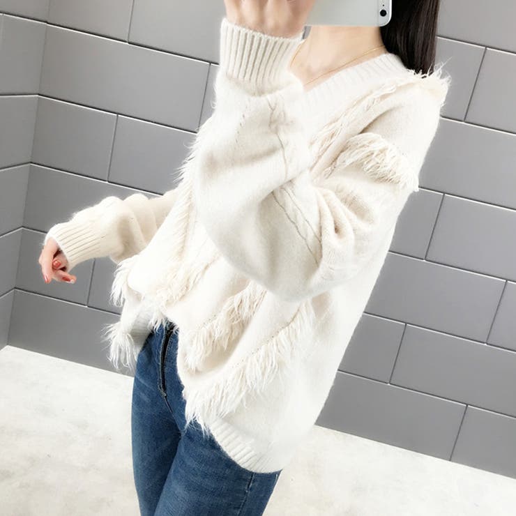 フリンジVネックニット レディース セーター | Amulet | 詳細画像12 