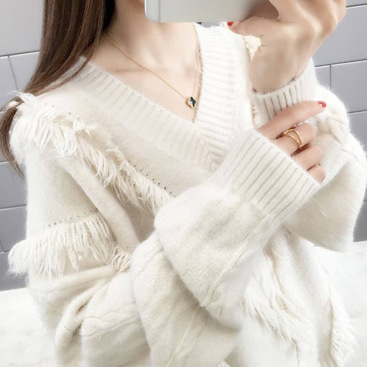 フリンジVネックニット レディース セーター | Amulet | 詳細画像14 