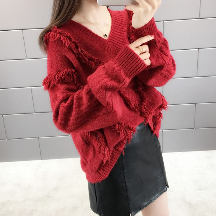 フリンジVネックニット レディース セーター | Amulet | 詳細画像3 