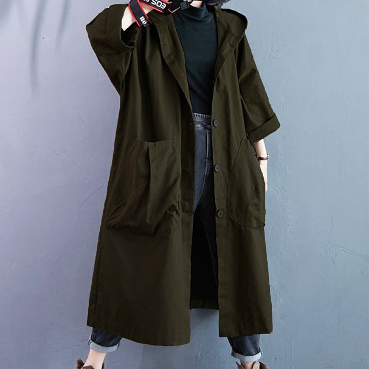 カーキ | オーバーサイズトレンチコート レディース フード付き | Amulet