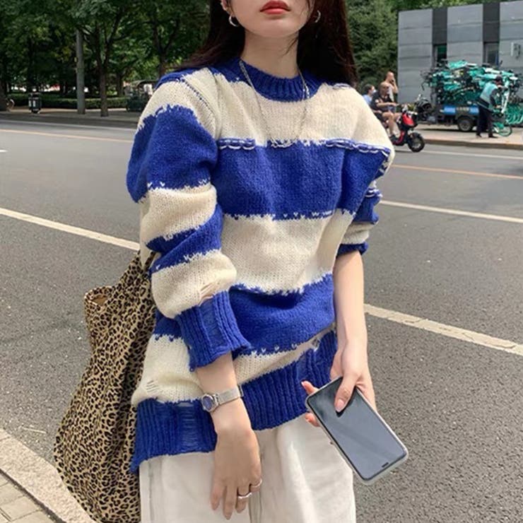 ブルー | ダメージ加工ニット レディース トップス | Amulet