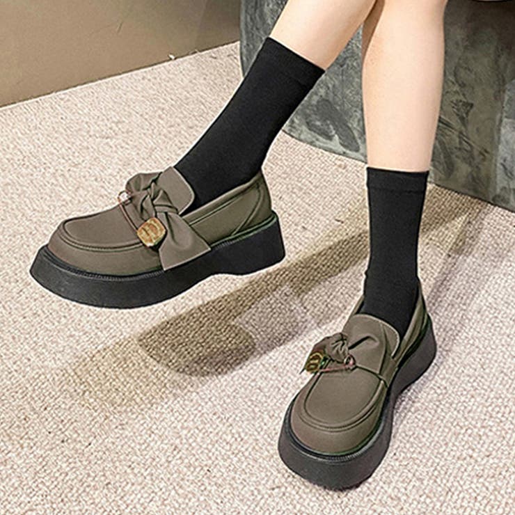 グレー | 厚底リボン付きローファー レディース 靴 | Amulet