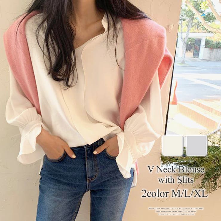 スリット入りVネックブラウス レディース トップス | Amulet | 詳細画像1 