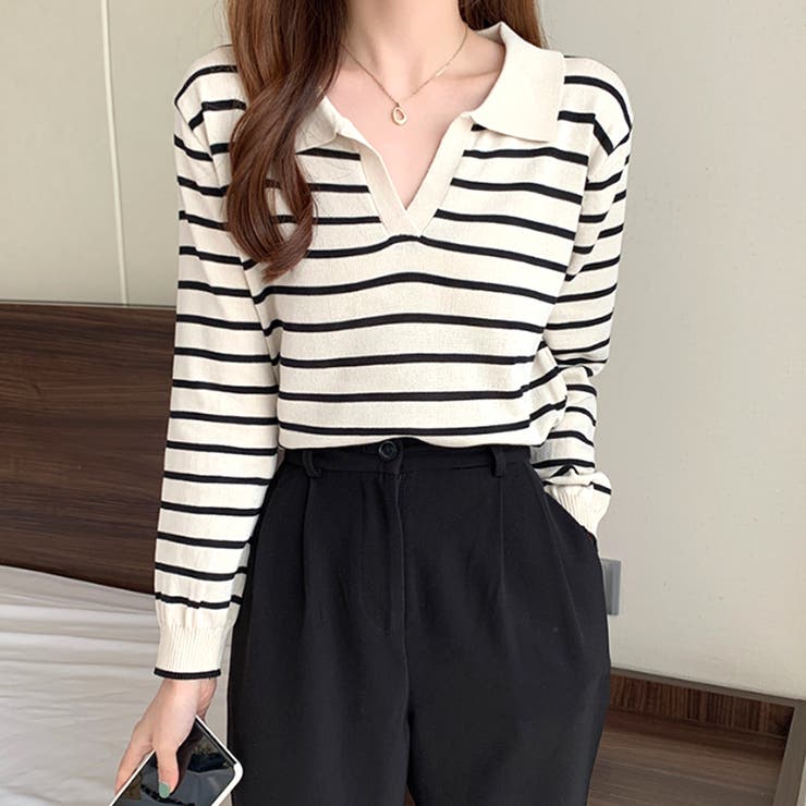 ボーダー柄スキッパートップス レディース トップス | Amulet | 詳細画像9 