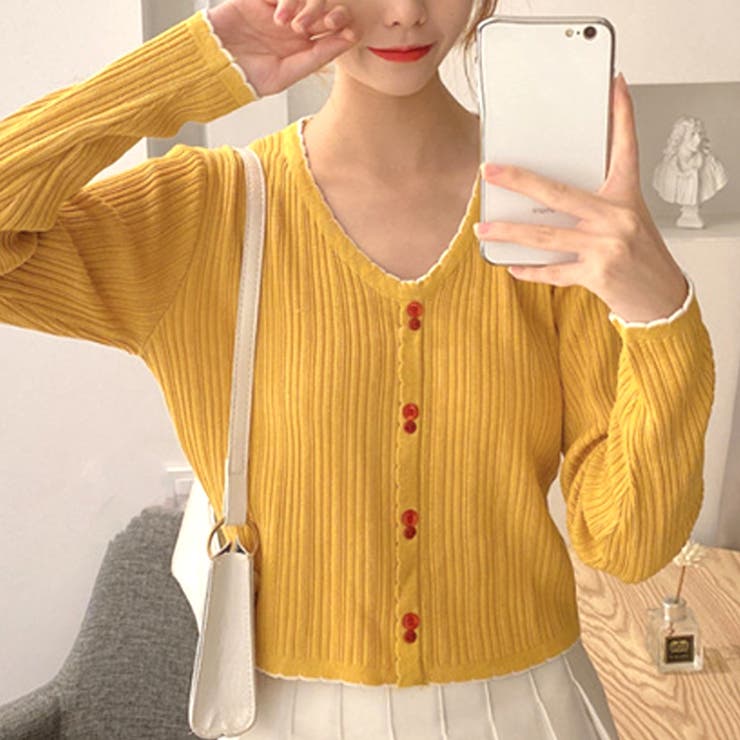 イエロー | フェイクボタンリブトップス カットソー レディース | Amulet