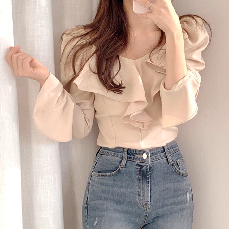 ベージュ | ベルスリーブフリルブラウス レディース トップス | Amulet