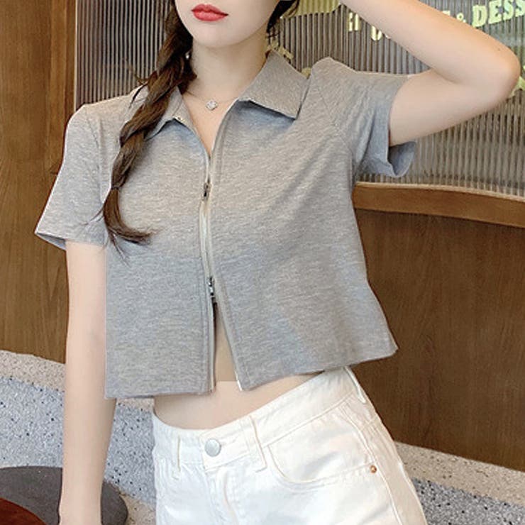 グレー | ダブルジップ半袖トップス レディース 半袖 | Amulet