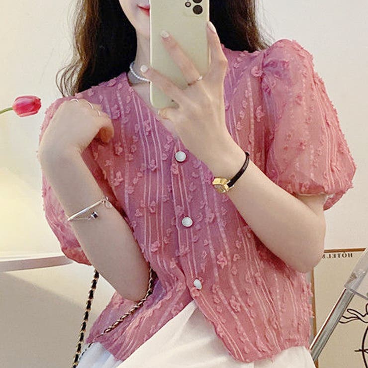 ピンク | 半袖パフスリーブブラウス レディース 半袖 | Amulet