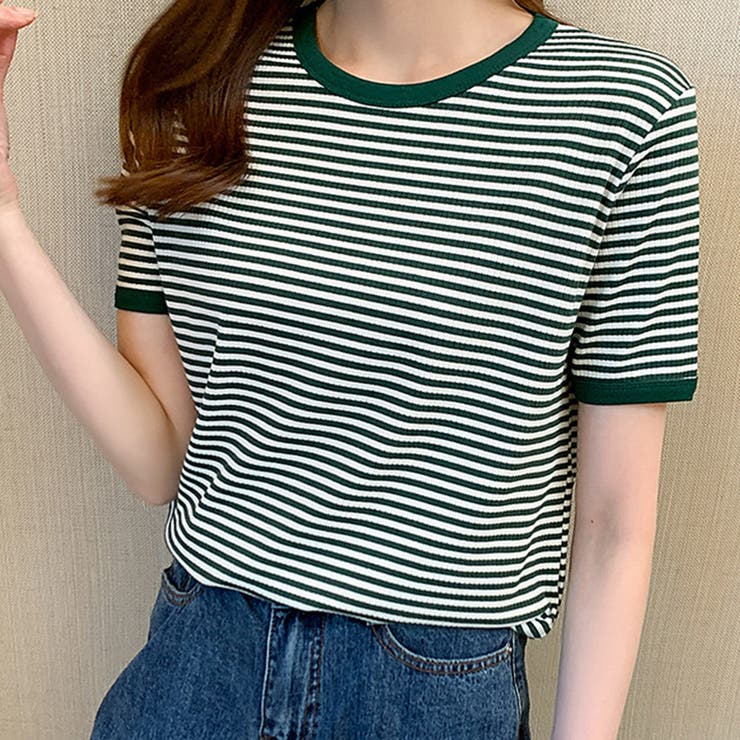 グリーン | ボーダー半袖カットソー レディース トップス | Amulet