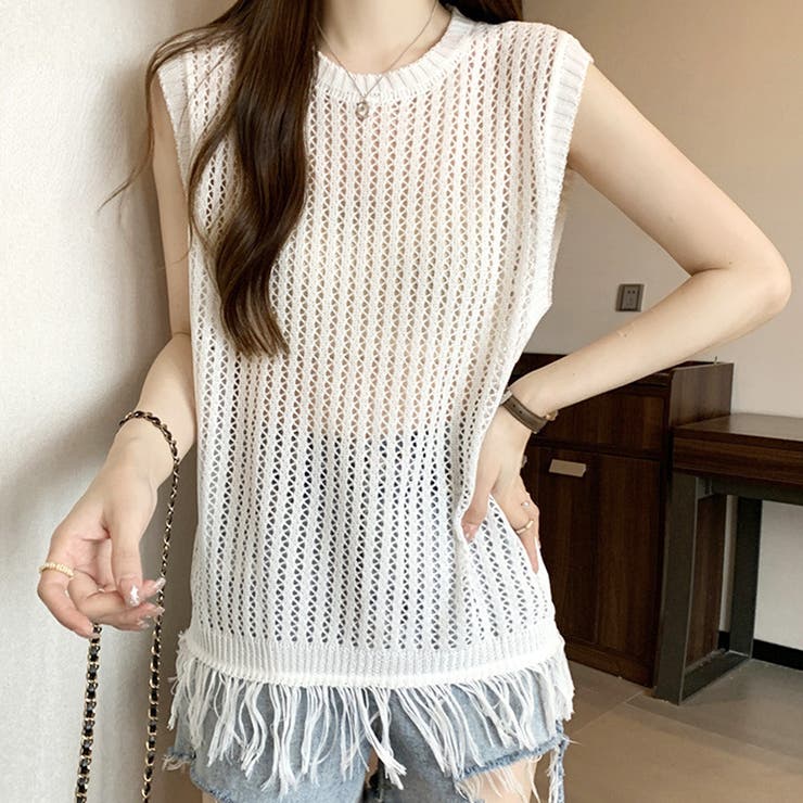 ホワイト | ノースリーブメッシュセーター レディース カジュアル | Amulet