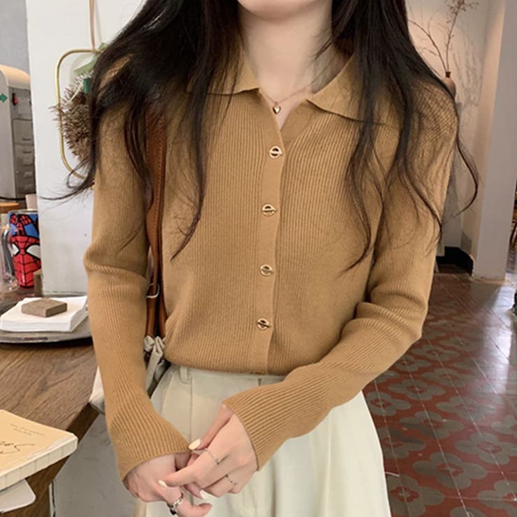 ブラウン | 襟付きリブニットトップス 春 秋 | Amulet