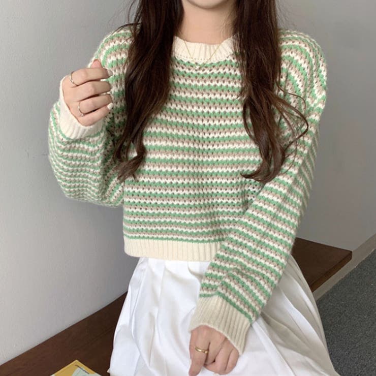グリーン | ボーダーニットセーター 秋 冬 | Amulet