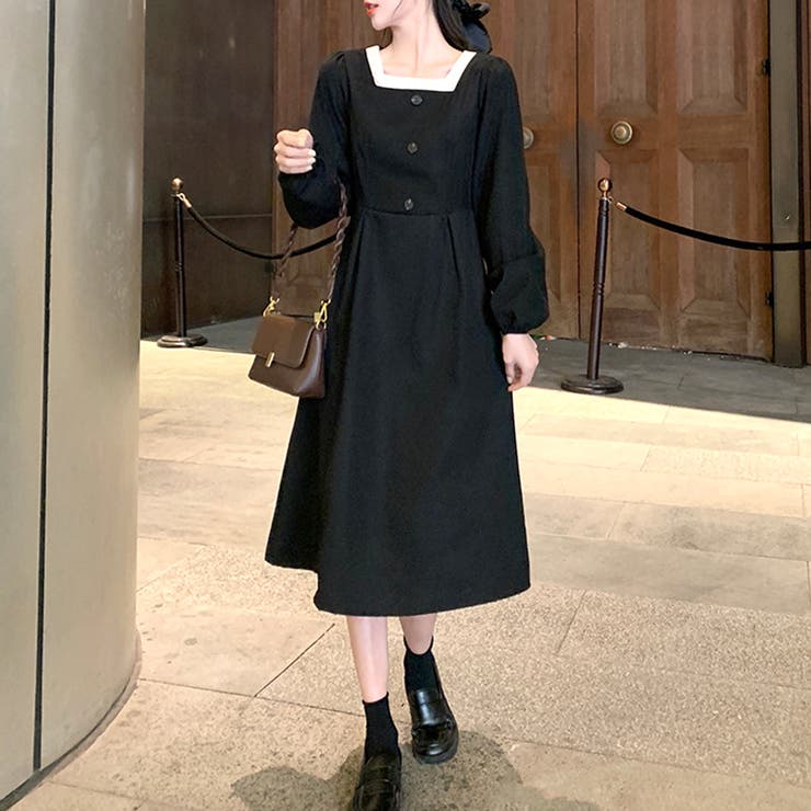 ブラック | スクエアネックワンピース 春 秋 | Amulet